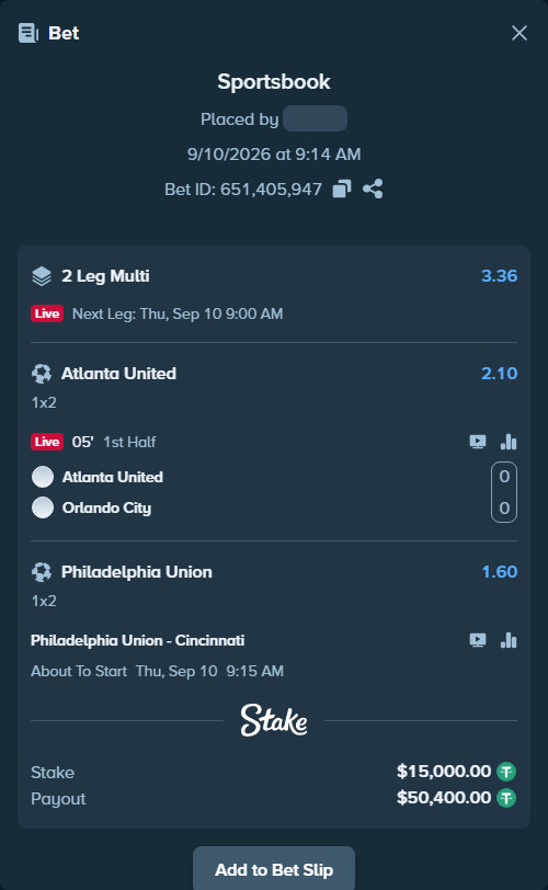 Bet slip: Atlanta United - Orlando City, $15,000.00 stake at 2.10 odds, placed by KOHINUR7474