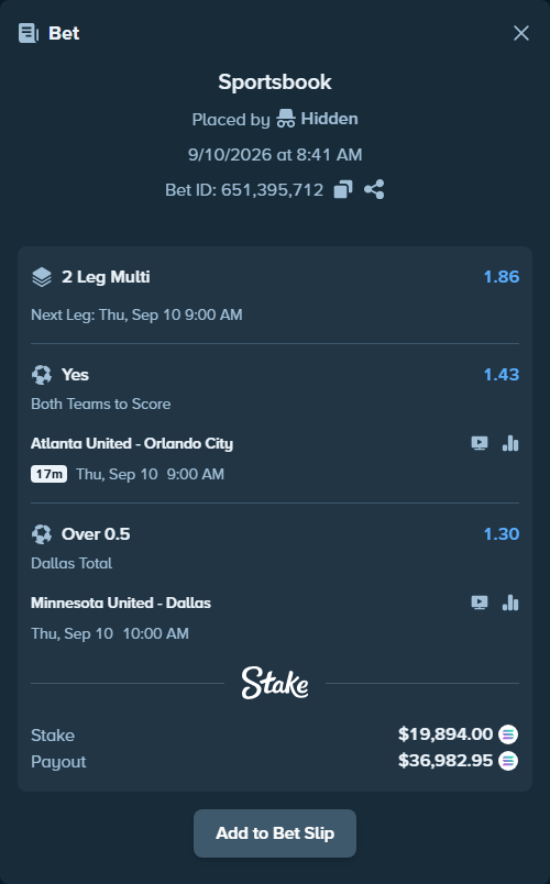 Bet slip: Atlanta United - Orlando City, $20,127.63 stake at 1.43 odds, placed by Hidden