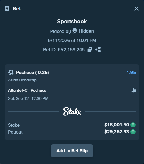 Bet slip: Atlante FC - Pachuca, $15,000.00 stake at 1.95 odds, placed by Hidden