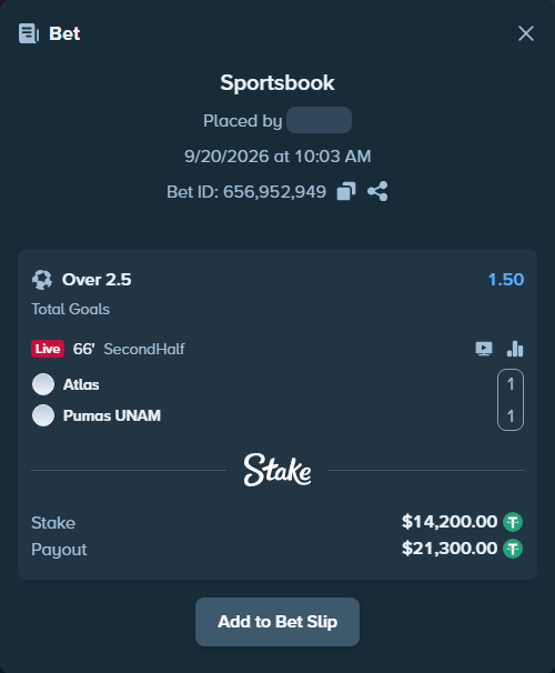 Bet slip: Atlas - Pumas UNAM, $14,200.00 stake at 1.50 odds, placed by tlwns4736