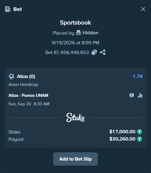 Bet slip: Atlas - Pumas UNAM, $17,000.00 stake at 1.78 odds, placed by Hidden