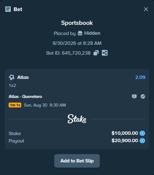 Bet slip: Atlas - Queretaro, $10,000.00 stake at 2.09 odds, placed by Hidden