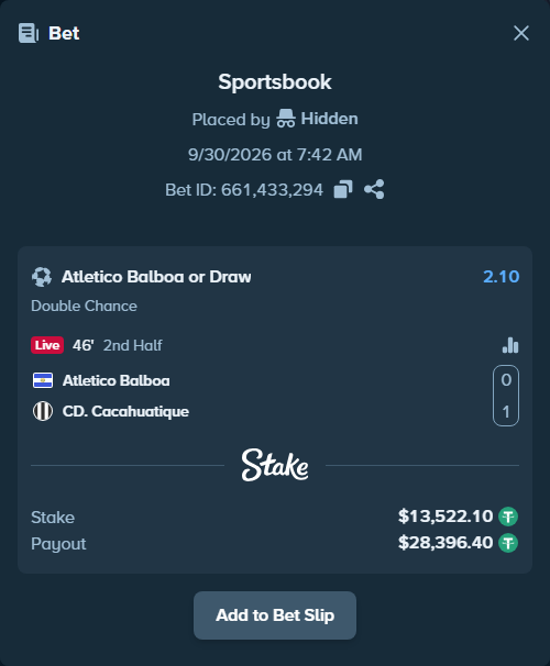 Bet slip: Atletico Balboa - CD. Cacahuatique, $13,522.10 stake at 2.10 odds, placed by Hidden