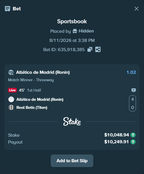 Bet slip: Atlético de Madrid (Ronin) - Real Betis (Titan), $10,058.98 stake at 1.02 odds, placed by Hidden