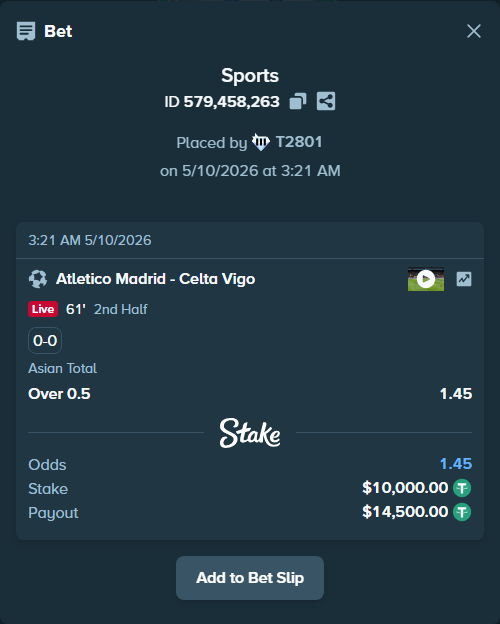 Bet slip: Atletico Madrid - Celta Vigo, $10,000.00 stake at 1.45 odds, placed by T2801