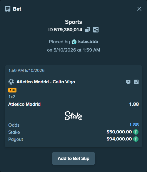 Bet slip: Atletico Madrid - Celta Vigo, $50,000.00 stake at 1.88 odds, placed by kabic555
