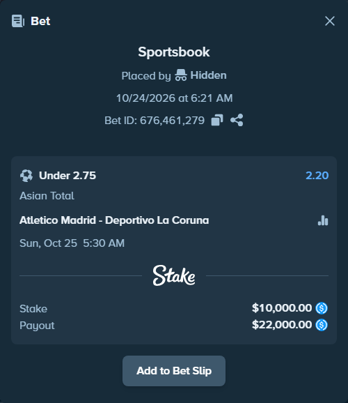 Bet slip: Atletico Madrid - Deportivo La Coruna, $10,000.00 stake at 2.20 odds, placed by qwertea