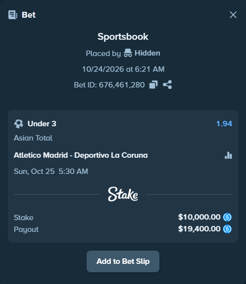 Bet slip: Atletico Madrid - Deportivo La Coruna, $10,000.00 stake at 1.94 odds, placed by qwertea