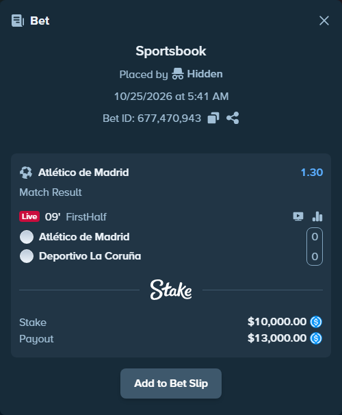 Bet slip: Atletico Madrid - Deportivo La Coruna, $10,000.00 stake at 1.30 odds, placed by Ehsan2007