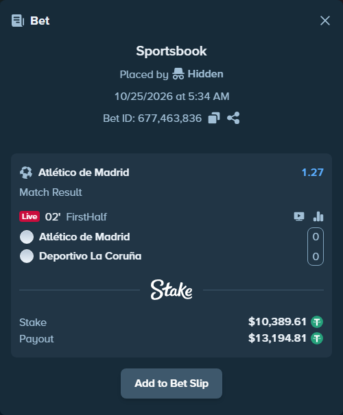 Bet slip: Atletico Madrid - Deportivo La Coruna, $10,400.00 stake at 1.27 odds, placed by Akselrosen