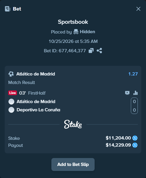 Bet slip: Atletico Madrid - Deportivo La Coruna, $11,204.00 stake at 1.27 odds, placed by Vicceforb