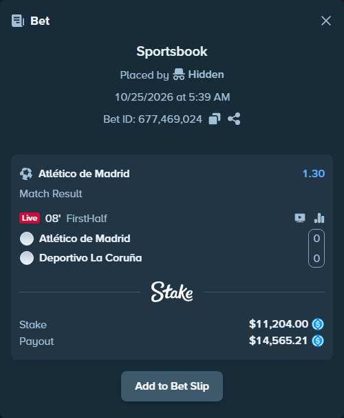 Bet slip: Atletico Madrid - Deportivo La Coruna, $11,204.00 stake at 1.30 odds, placed by Vicceforb