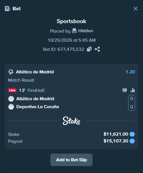 Bet slip: Atletico Madrid - Deportivo La Coruna, $11,621.00 stake at 1.30 odds, placed by HaakonAndre