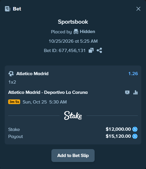 Bet slip: Atletico Madrid - Deportivo La Coruna, $12,000.00 stake at 1.26 odds, placed by LarsL