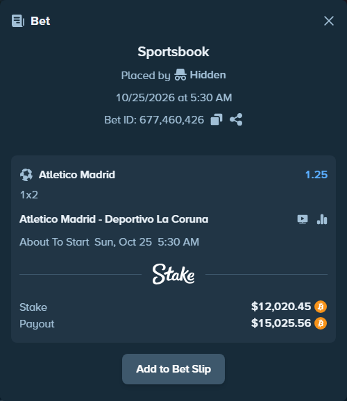 Bet slip: Atletico Madrid - Deportivo La Coruna, $12,103.90 stake at 1.25 odds, placed by Covv87