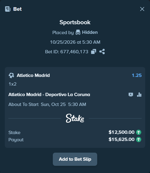Bet slip: Atletico Madrid - Deportivo La Coruna, $12,512.50 stake at 1.25 odds, placed by Petter921