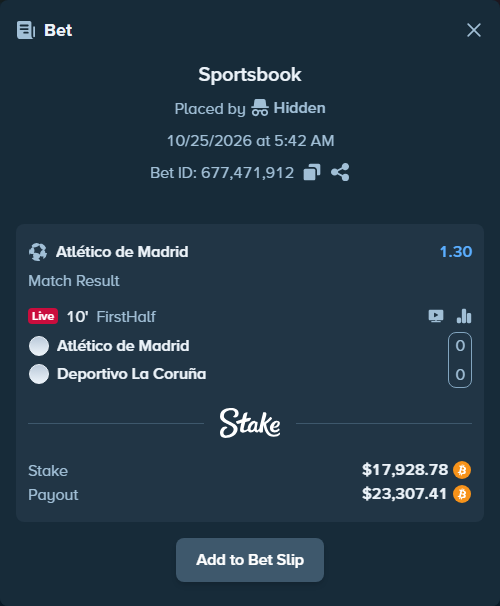Bet slip: Atletico Madrid - Deportivo La Coruna, $18,031.18 stake at 1.30 odds, placed by Espnik
