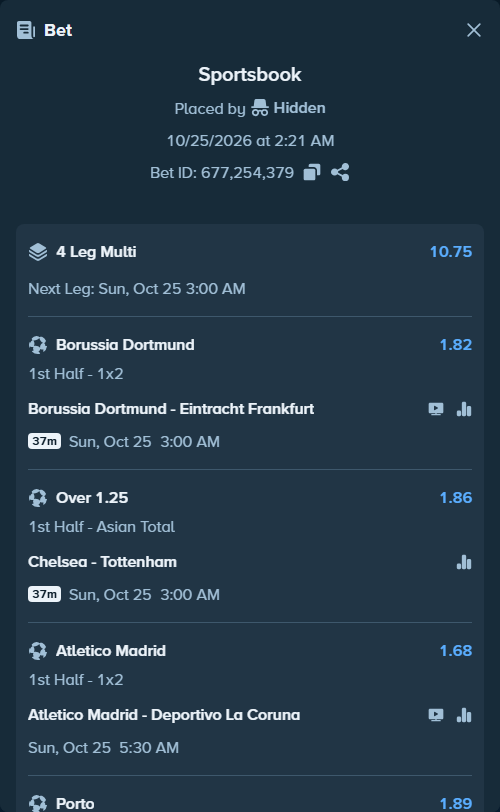 Bet slip: Atletico Madrid - Deportivo La Coruna, $18,018.00 stake at 1.68 odds, placed by Hidden