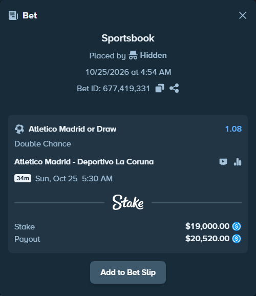 Bet slip: Atletico Madrid - Deportivo La Coruna, $19,000.00 stake at 1.08 odds, placed by Lefzinatoren
