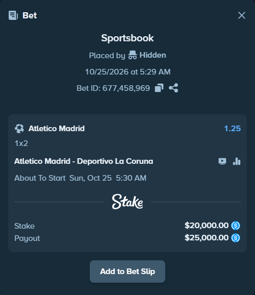 Bet slip: Atletico Madrid - Deportivo La Coruna, $20,000.00 stake at 1.25 odds, placed by mathiasjuel