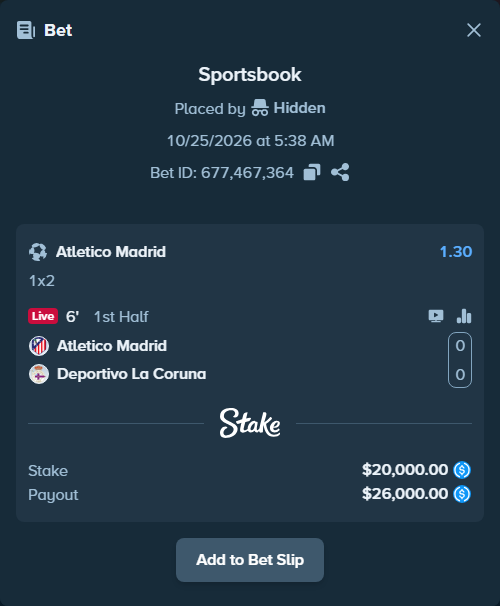Bet slip: Atletico Madrid - Deportivo La Coruna, $20,000.00 stake at 1.30 odds, placed by MrBigMG