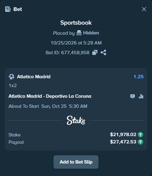 Bet slip: Atletico Madrid - Deportivo La Coruna, $22,000.00 stake at 1.25 odds, placed by Iben1993