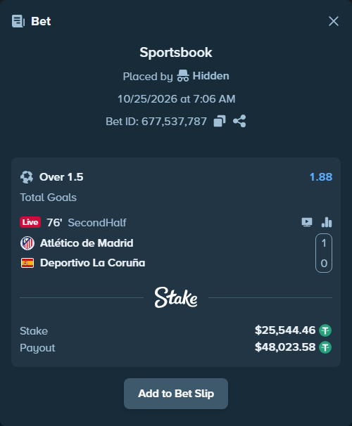 Bet slip: Atletico Madrid - Deportivo La Coruna, $25,570.00 stake at 1.88 odds, placed by playppt