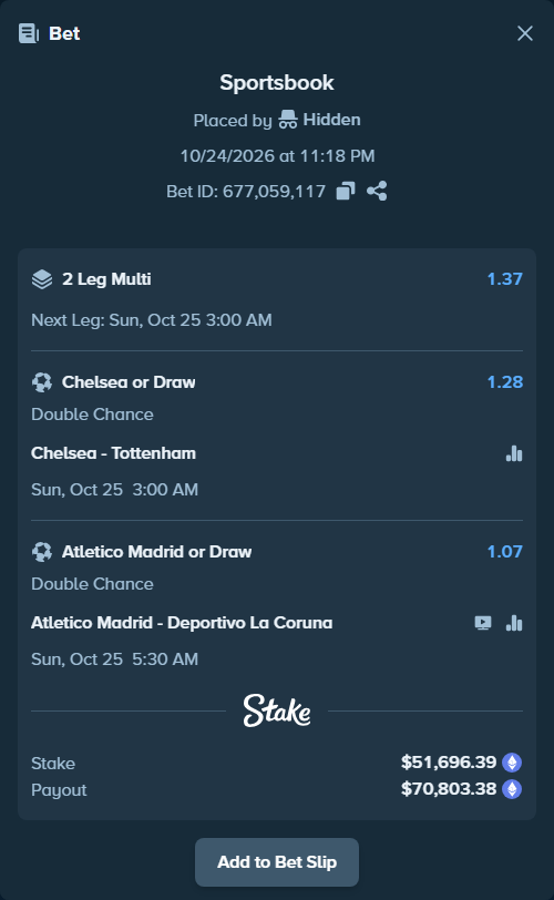 Bet slip: Atletico Madrid - Deportivo La Coruna, $51,192.96 stake at 1.07 odds, placed by Coco43pl