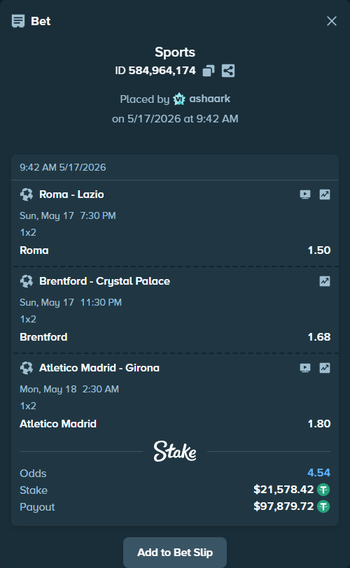 Bet slip: Atletico Madrid - Girona, $21,600.00 stake at 1.80 odds, placed by ashaark
