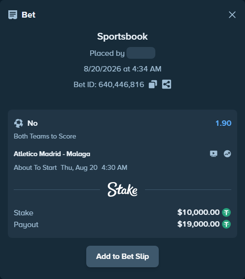 Bet slip: Atletico Madrid - Malaga, $10,000.00 stake at 1.90 odds, placed by cagirircan1