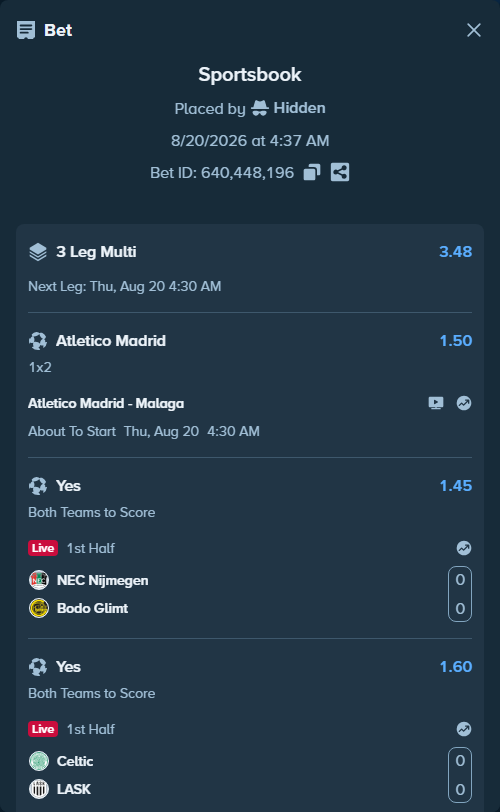 Bet slip: Atletico Madrid - Malaga, $10,000.00 stake at 1.50 odds, placed by Hidden