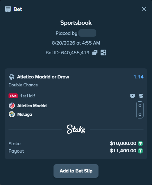 Bet slip: Atletico Madrid - Malaga, $10,000.00 stake at 1.14 odds, placed by Petter921