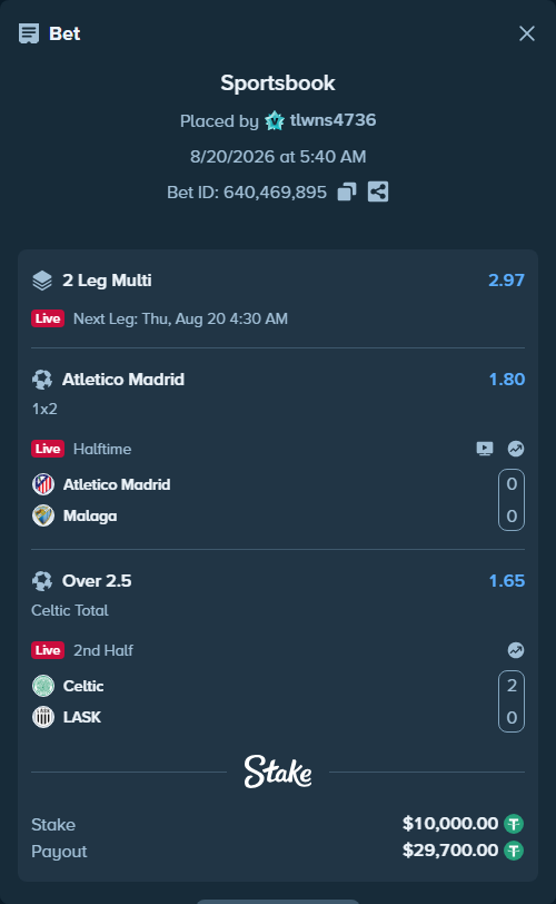 Bet slip: Atletico Madrid - Malaga, $10,000.00 stake at 1.80 odds, placed by tlwns4736