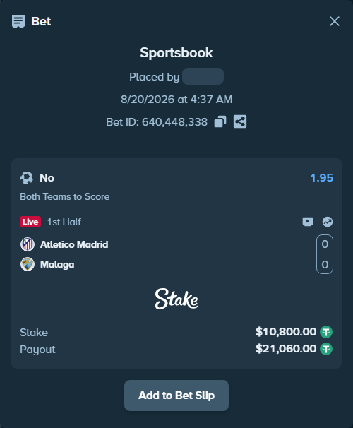 Bet slip: Atletico Madrid - Malaga, $10,800.00 stake at 1.95 odds, placed by cagirircan1