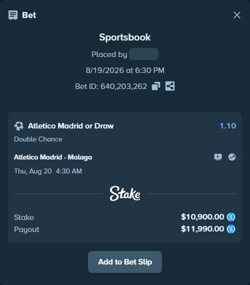 Bet slip: Atletico Madrid - Malaga, $10,900.00 stake at 1.10 odds, placed by lightsum