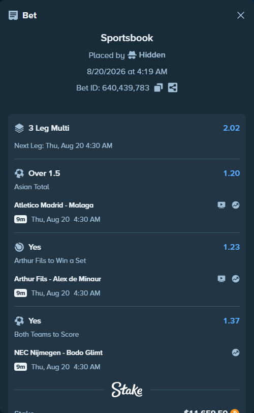 Bet slip: Atletico Madrid - Malaga, $11,729.29 stake at 1.20 odds, placed by Hidden