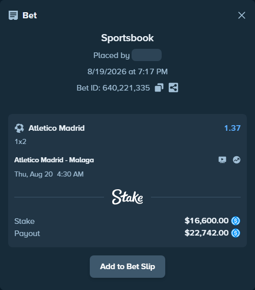 Bet slip: Atletico Madrid - Malaga, $16,600.00 stake at 1.37 odds, placed by sanderhelvig