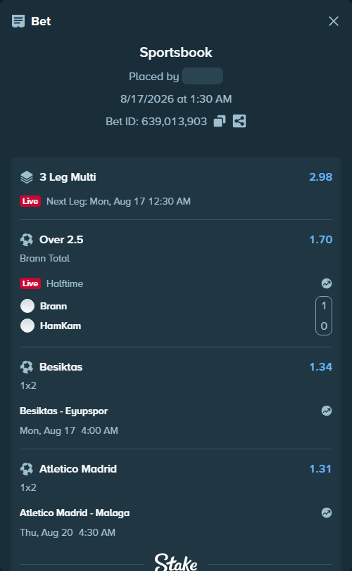 Bet slip: Atletico Madrid - Malaga, $17,042.00 stake at 1.31 odds, placed by ArdianHertica