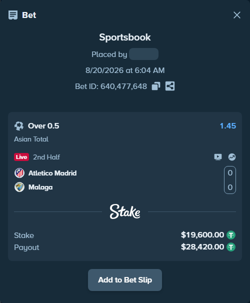 Bet slip: Atletico Madrid - Malaga, $19,600.00 stake at 1.45 odds, placed by Jackpoor