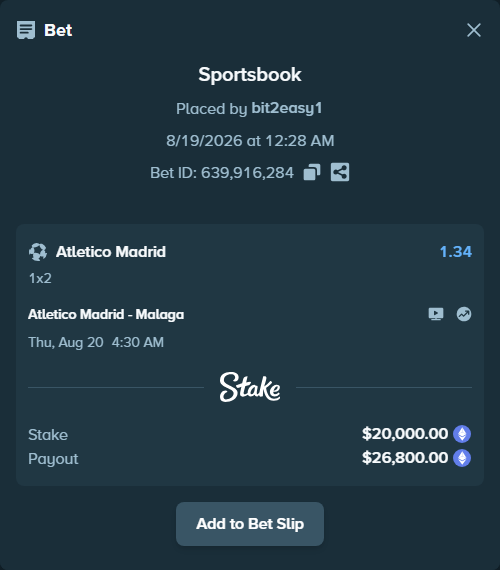 Bet slip: Atletico Madrid - Malaga, $23,738.53 stake at 1.34 odds, placed by bit2easy1