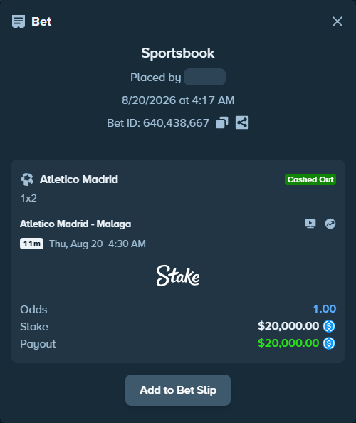 Bet slip: Atletico Madrid - Malaga, $20,000.00 stake at 1.51 odds, placed by hagrid17