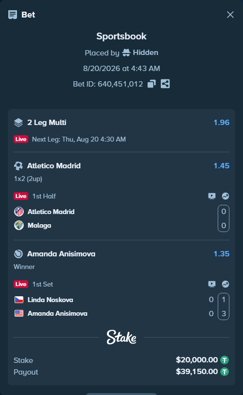 Bet slip: Atletico Madrid - Malaga, $20,000.00 stake at 1.45 odds, placed by Hidden