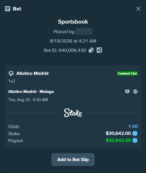 Bet slip: Atletico Madrid - Malaga, $30,642.00 stake at 1.36 odds, placed by bappuji668
