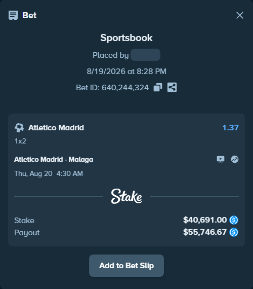 Bet slip: Atletico Madrid - Malaga, $40,691.00 stake at 1.37 odds, placed by bappuji668