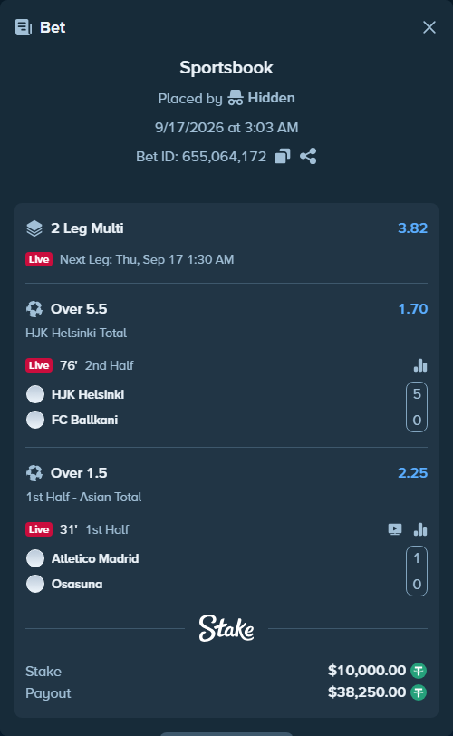 Bet slip: Atletico Madrid - Osasuna, $10,000.00 stake at 2.25 odds, placed by Hidden