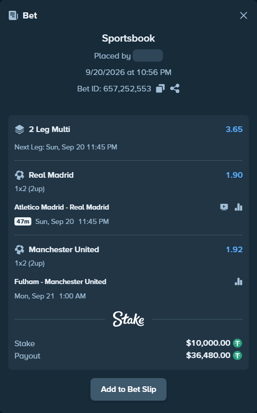 Bet slip: Atletico Madrid - Real Madrid, $10,000.00 stake at 1.90 odds, placed by DMNTE96