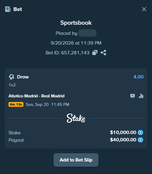 Bet slip: Atletico Madrid - Real Madrid, $10,000.00 stake at 4.00 odds, placed by Storestorm