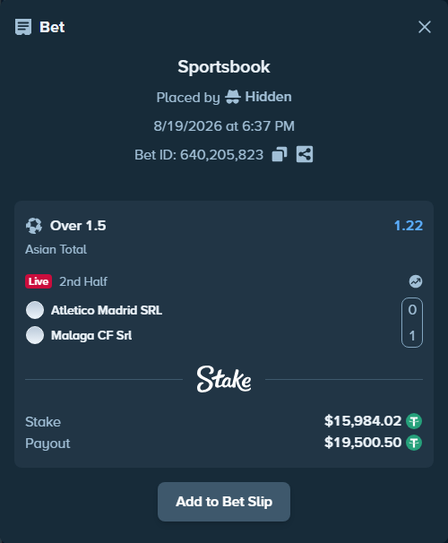 Bet slip: Atletico Madrid SRL - Malaga CF Srl, $16,000.00 stake at 1.22 odds, placed by Hidden