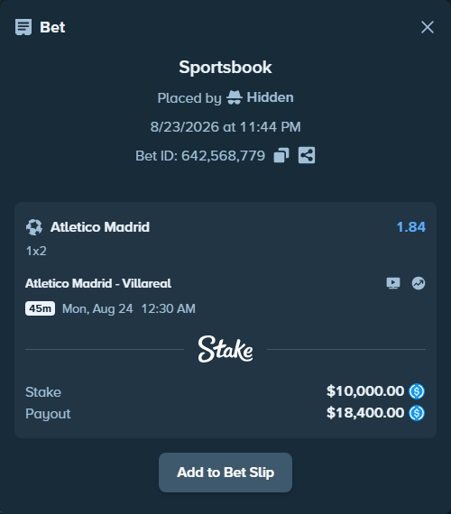 Bet slip: Atletico Madrid - Villareal, $10,000.00 stake at 1.84 odds, placed by hagrid17