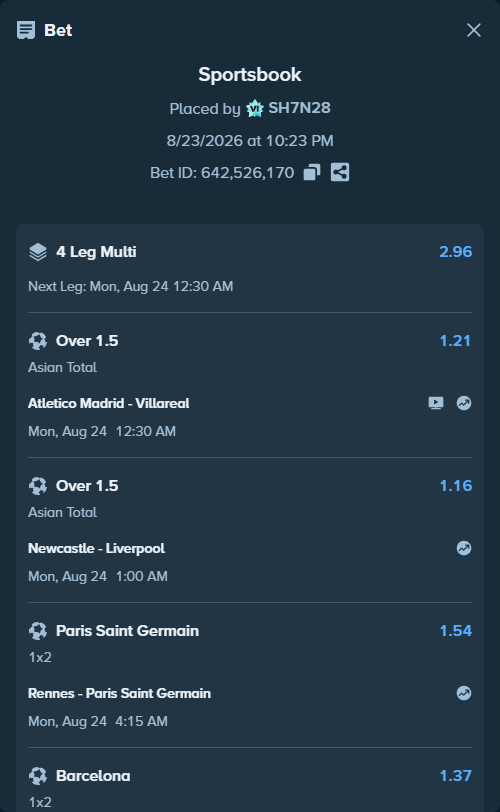 Bet slip: Atletico Madrid - Villareal, $11,700.00 stake at 1.21 odds, placed by SH7N28